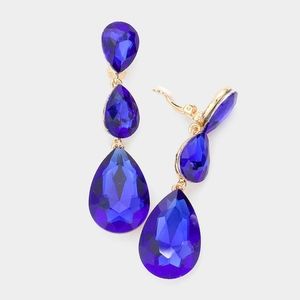 Sapphire Dangle Crystal Clip On Earrings 3 Inch Triple Tear Drop ClipOns Jewelry